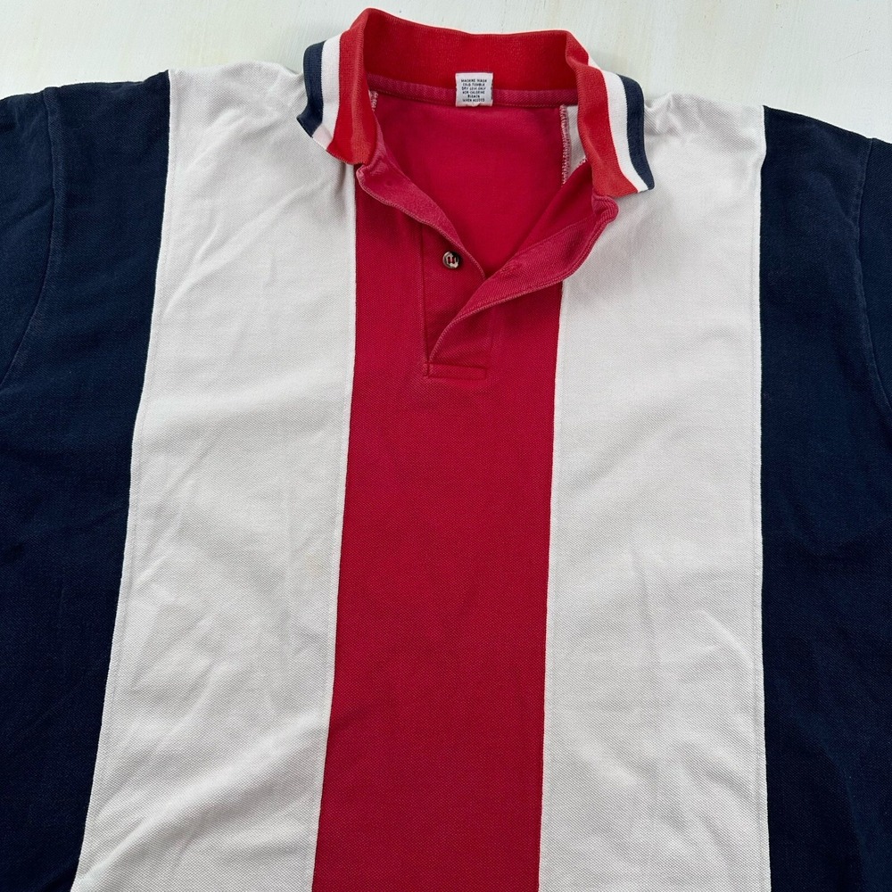 VTG Colorblock Polo Shirt Men Large Short Sleeve Red Blue Vertical Stripes Y2K